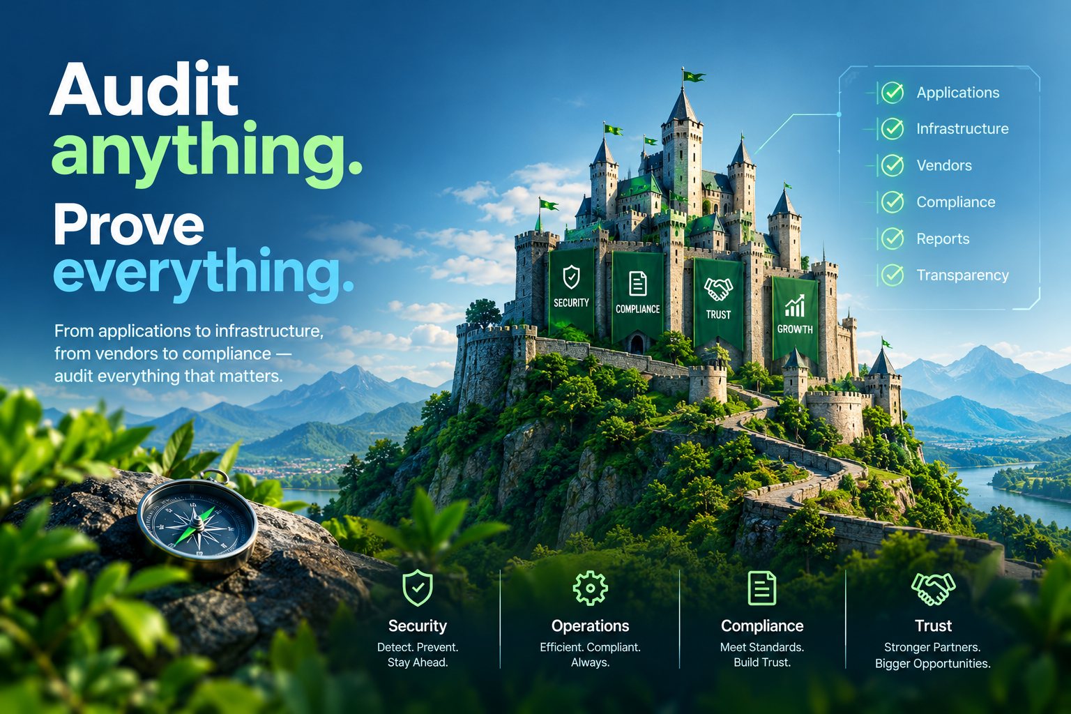 Vexsai: Audit anything. Prove everything. A fortress with Security, Compliance, Trust and Growth banners, and a checklist of applications, infrastructure, vendors, compliance, reports and transparency.